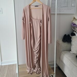 Chic Tan Ruched Bodycon Midi Dress with Matching Cardigan Duster